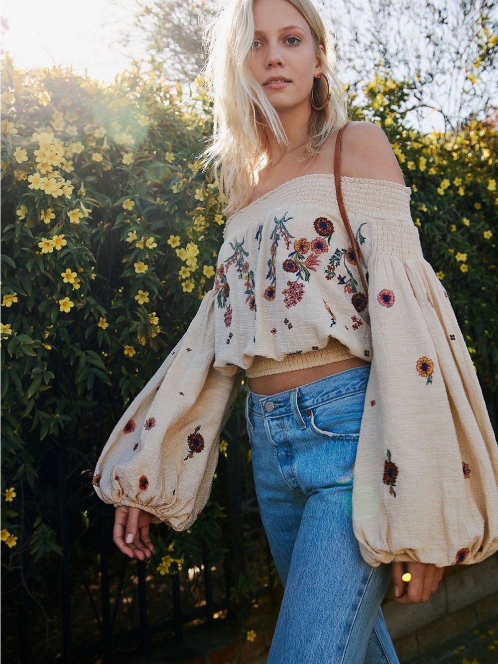 Free People Saachi Smocked Embroidered Off Shoulder Boho Top Large